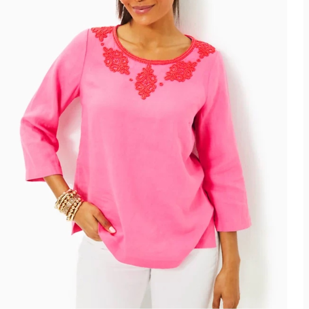 NWT Lilly Pulitzer Elyn Beaded 3/4 Sleeve Linen Top
Pink with orange beading 2